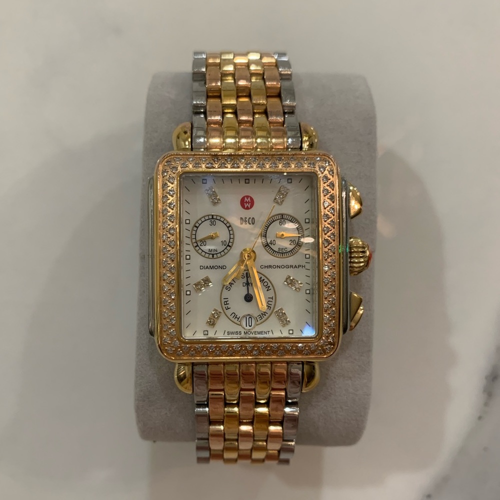 Michele Deco Tri Tone Watch, 18mm, Diamond Dial